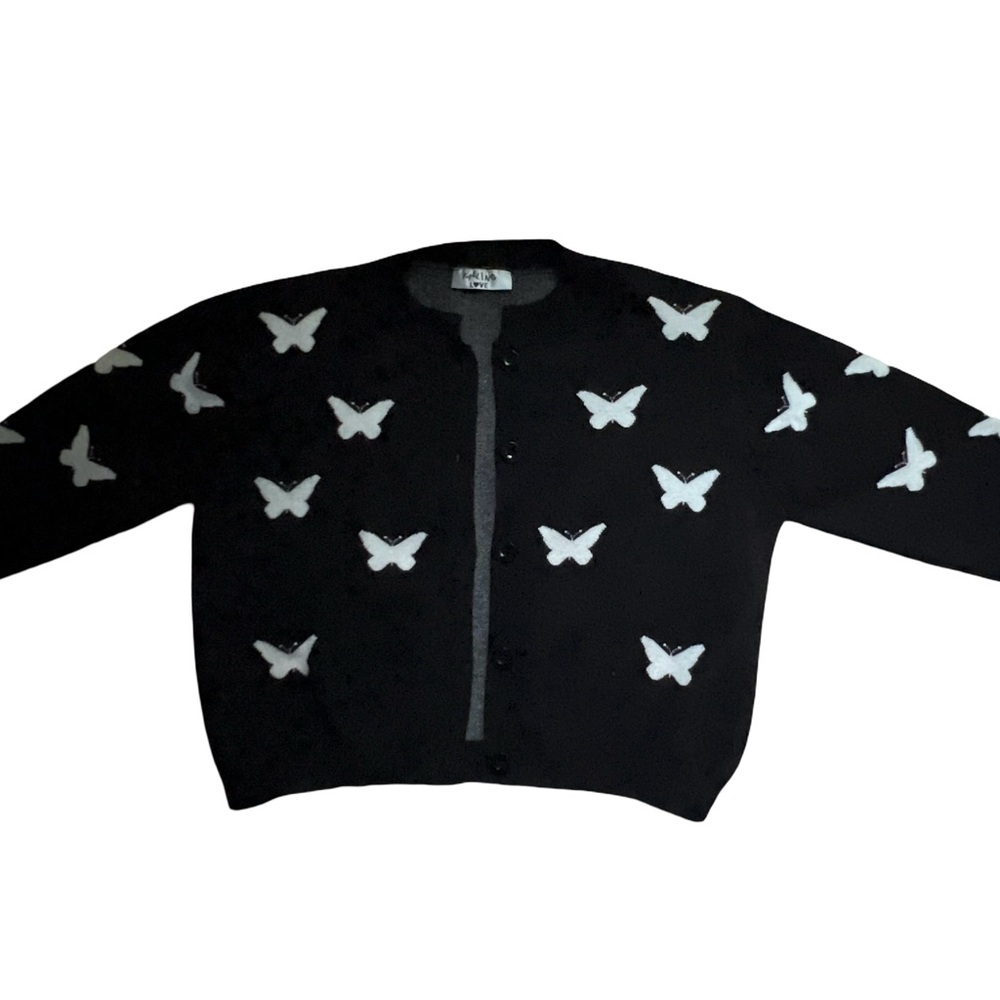 Falling Love Black Butterfly Cardigan – Button Front Sweater (Size M)